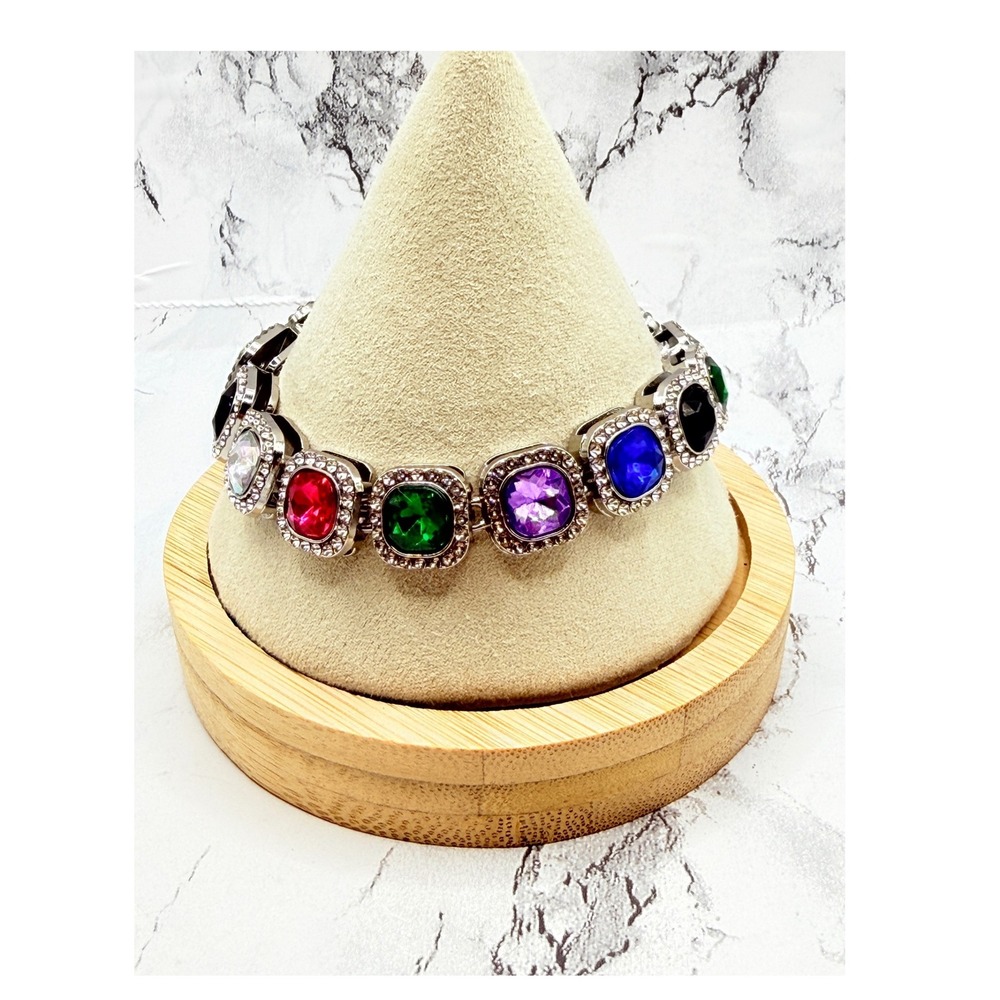 Multicolor Glass Rhinestone Halo Link Bracelet Silver Tone 8"